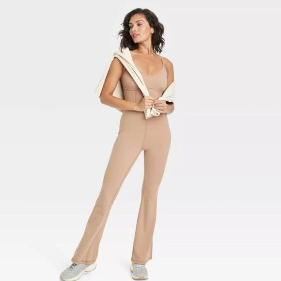 JoyLab Flare Long Bodysuit Tan Nude Jumper Jumpsuit Athletic Extra Large (XL) - Picture 3 of 6